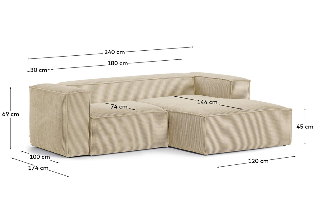 Canapé Blok 2 places en velours côtelé épais coloris naturel avec méridienne droite 240 cm – Certifié FSC Mix Credit