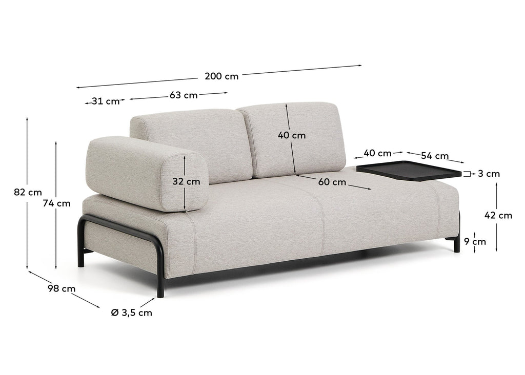 Sofá Compo 2 plazas beige grisáceo con bandeja grande y estructura de metal negro 200 cm FSC Mix Credit