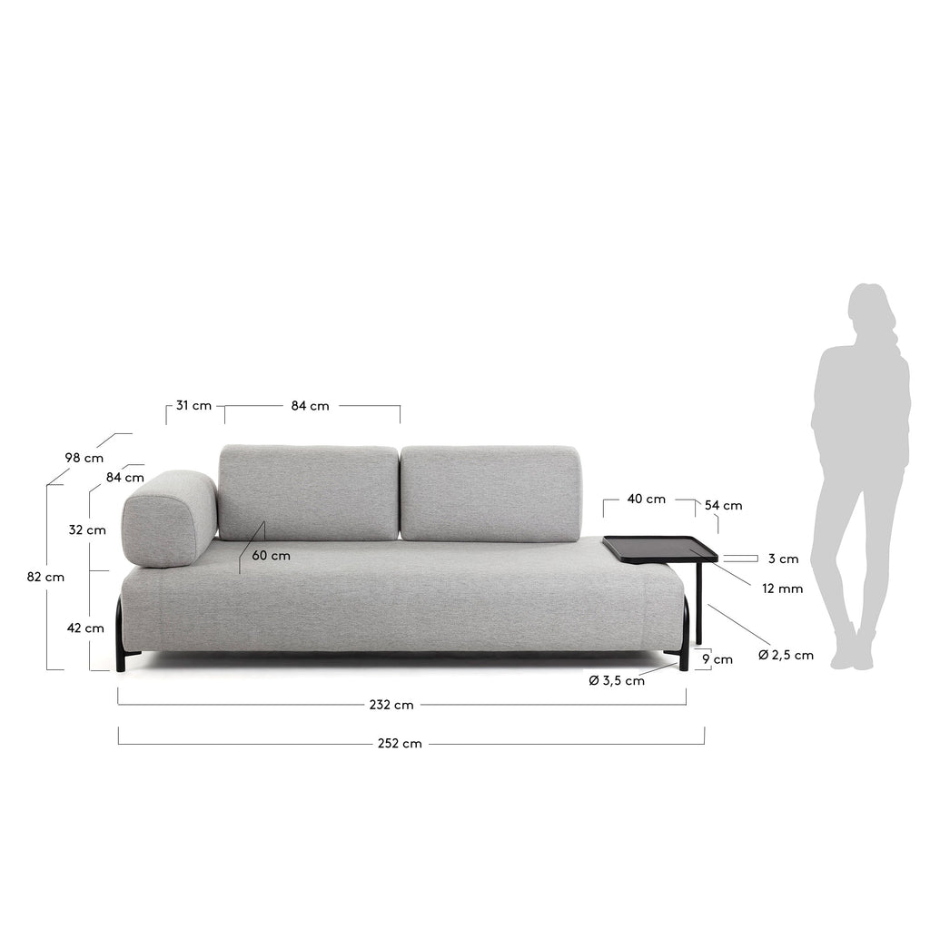 Sofá Compo 3 plazas beige grisáceo con bandeja grande 252 cm
