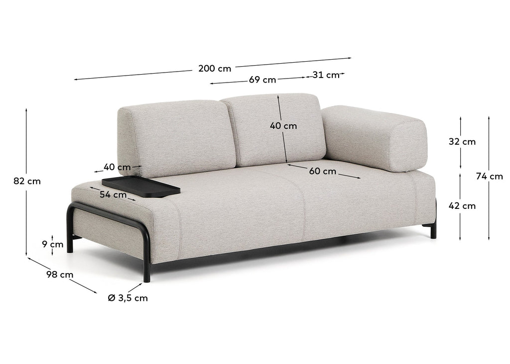 Sofá Compo 2 plazas beige grisáceo con bandeja pequeña y estructura de metal negro 200 cm FSC Mix Credit
