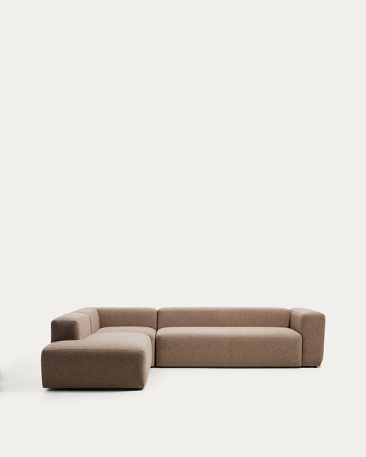 Canapé d’angle Blok 5 places avec pouf terminal gauche en chenille marron 255 x 320 cm – FSC Mix Credit
