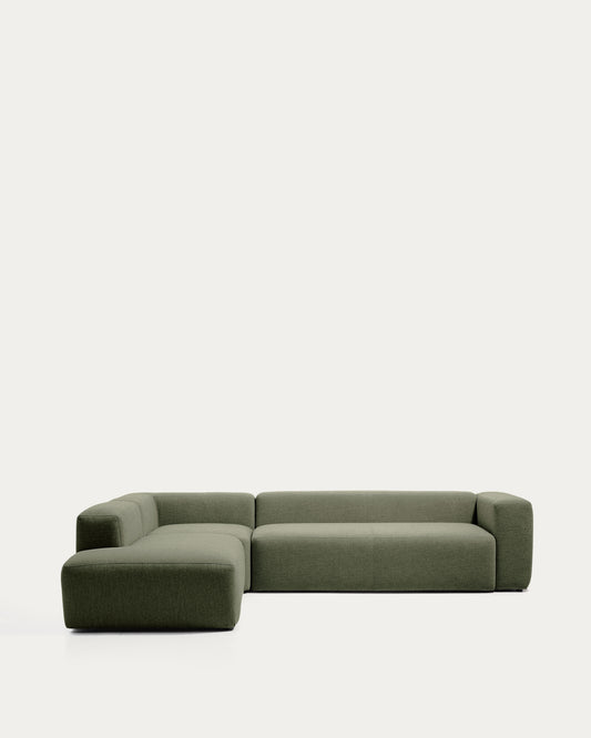 Canapé d’angle Blok 5 places avec pouf terminal gauche en chenille vert mousse 255 x 320 cm – FSC Mix Credit