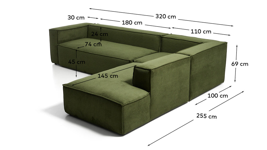 Sofá rinconero Blok 5 plazas con terminal derecho de pana gruesa verde 320 x 255 cm FSC Mix Credit