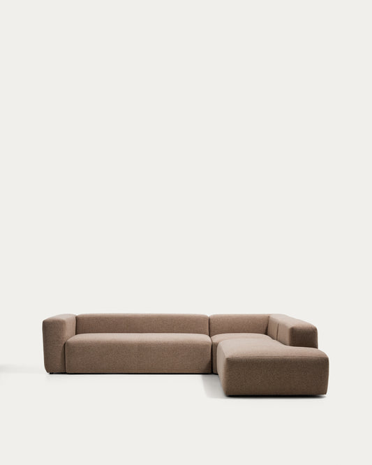 Canapé d’angle Blok 5 places avec pouf terminal droit en chenille marron 320 x 255 cm – FSC Mix Credit