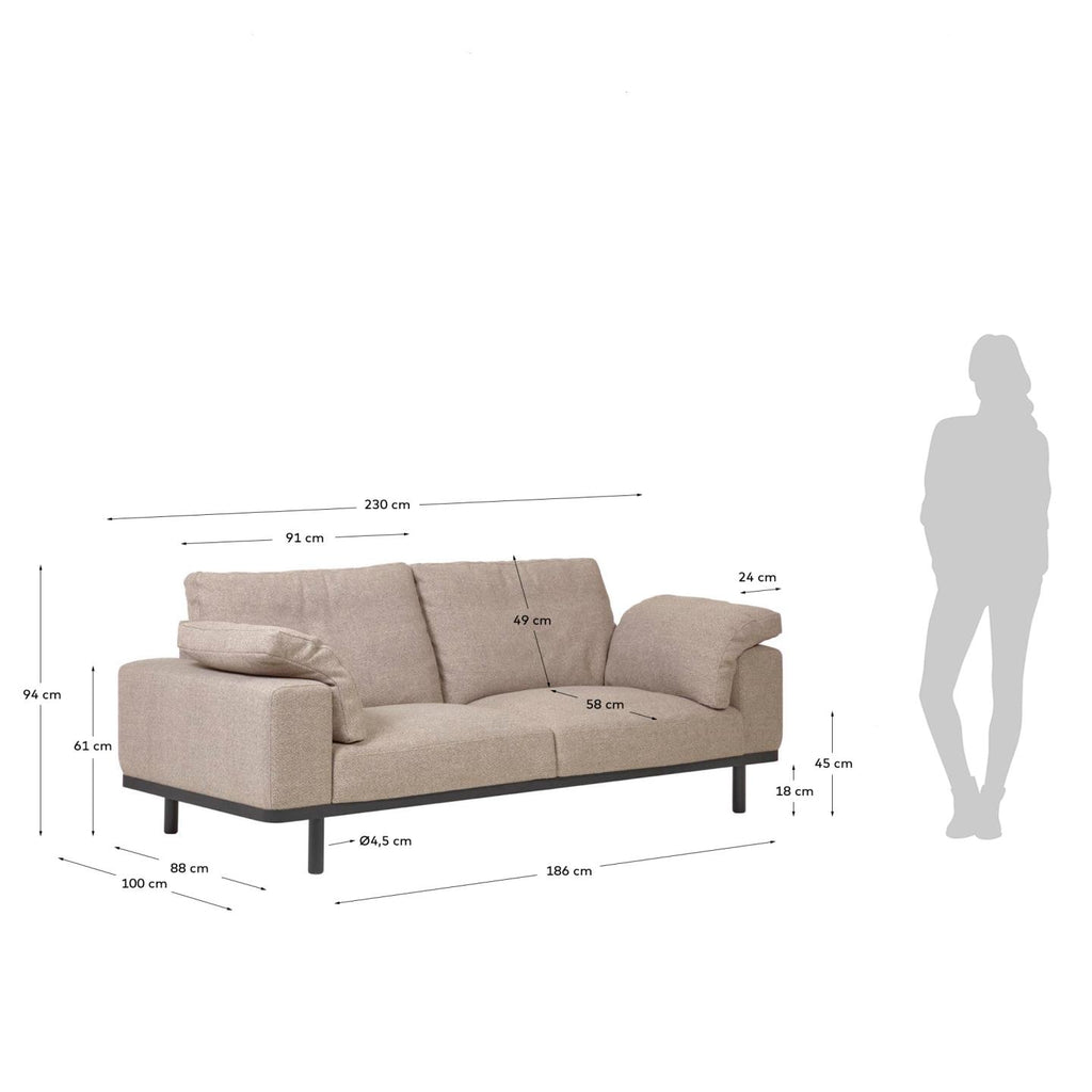 Sofà Noa 3 places amb coixins beix potes acabat fosc 230 cm