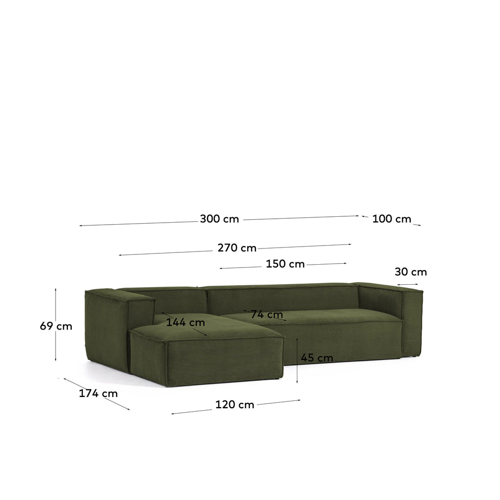 Sofá Blok 3 plazas pana gruesa chaise longue izquierdo verde 300 cm FSC Mix Credit