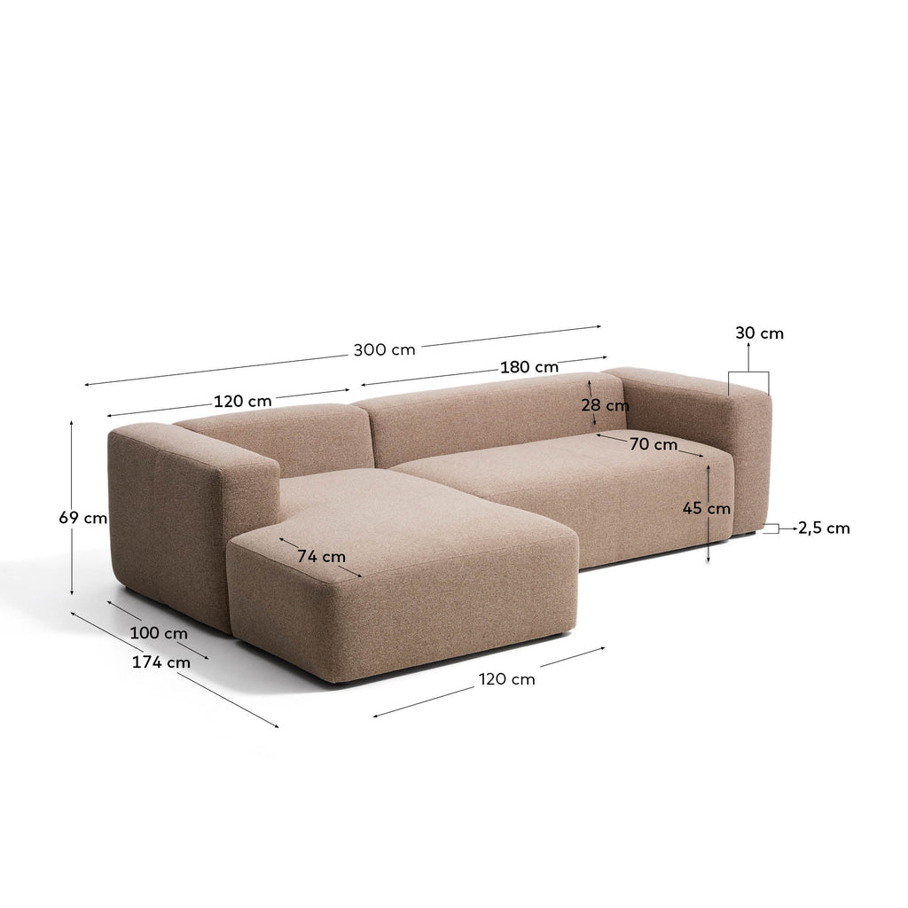 Sofà Blok 3 places amb chaise longue esquerra de xenilla marró 300 cm FSC Mix Credit