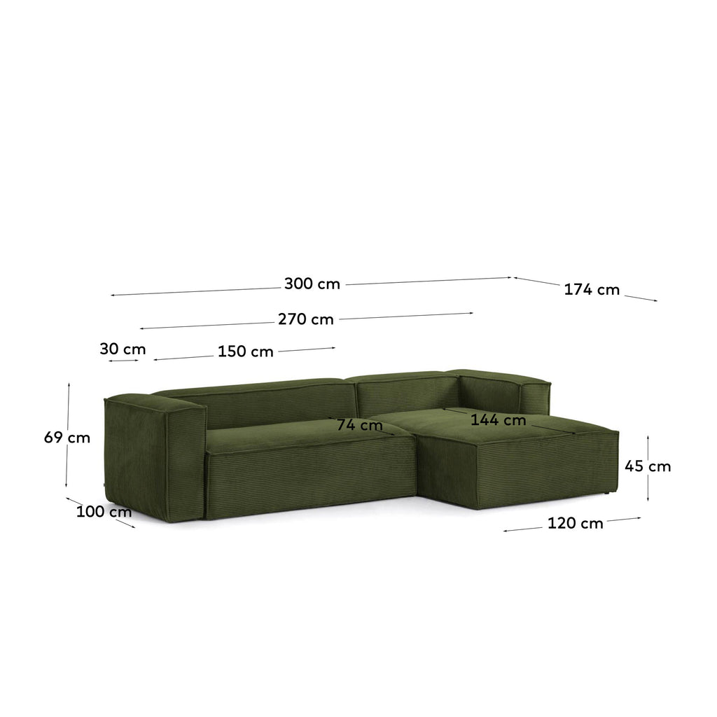 Sofá Blok 3 plazas pana gruesa chaise longue derecho verde 300 cm FSC Mix Credit