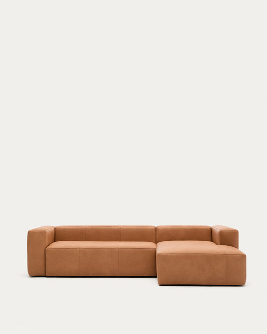 Canapé en cuir marron Blok 3 places chaise longue droite 300 cm