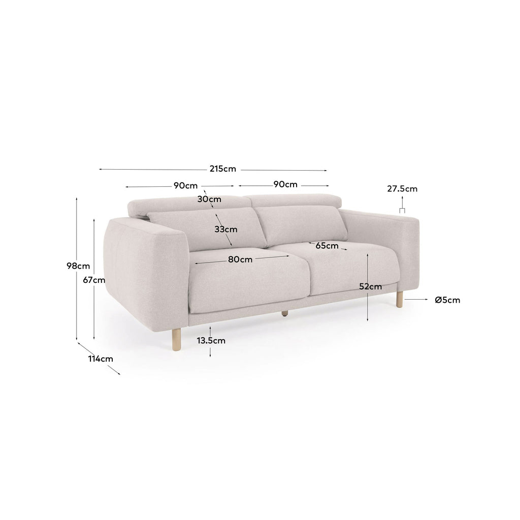 Sofà Singa 3 places amb capçal reclinable i seient extensible blanc 215 cm
