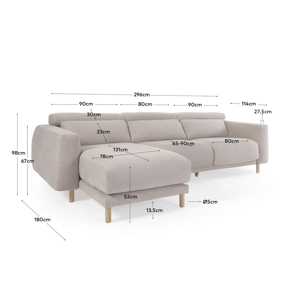 Sofá Singa 3 plazas chaise longue izquierdo cabecero reclinable asiento extensible beige 296cm FSC Mix Credit