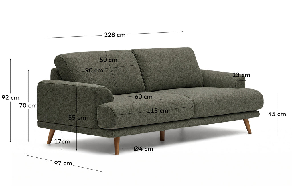 Sofà Karin 3 places de xenilla verd fosc i potes de fusta massissa de faig amb acabat to noguera 228 cm