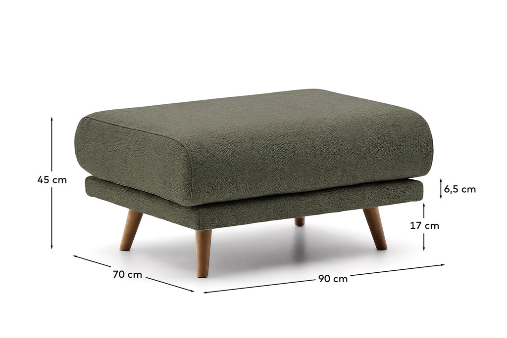 Repose-pieds Karin en chenille beige et pieds en bois de hêtre avec finition ton noyer 90 x 70 cm