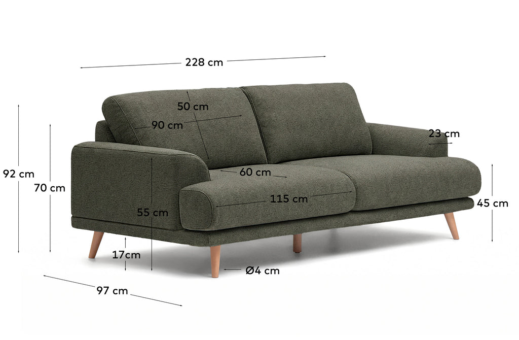 Sofá Karin 3 plazas verde oscuro y patas de madera maciza de haya con acabado tono natural 231 cm