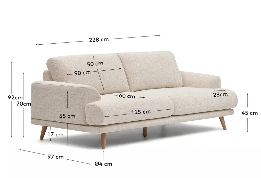 Canapé Karin 3 places en chenille beige et pieds en bois de hêtre avec finition ton naturel 228 cm
