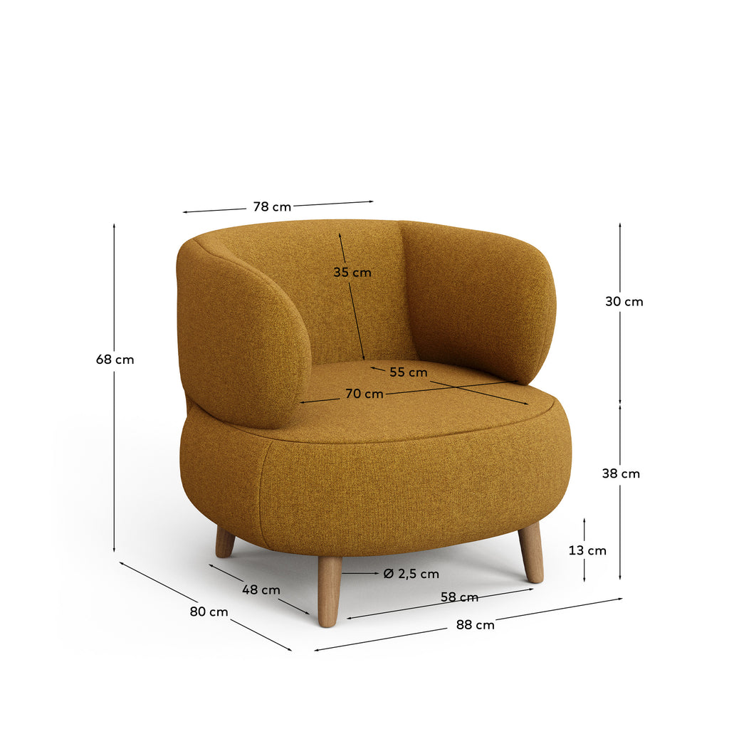 Fauteuil Luisa moutarde avec pieds en bois massif de hêtre 90 cm