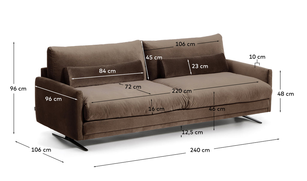 Canapé Veliro 3 places en velours marron chocolat avec pieds en acier noir 240 cm – Certifié FSC Mix Credit