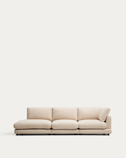 Canapé modulable Gala 4 places avec pouf terminal gauche en chenille beige 315 cm – FSC Mix Credit