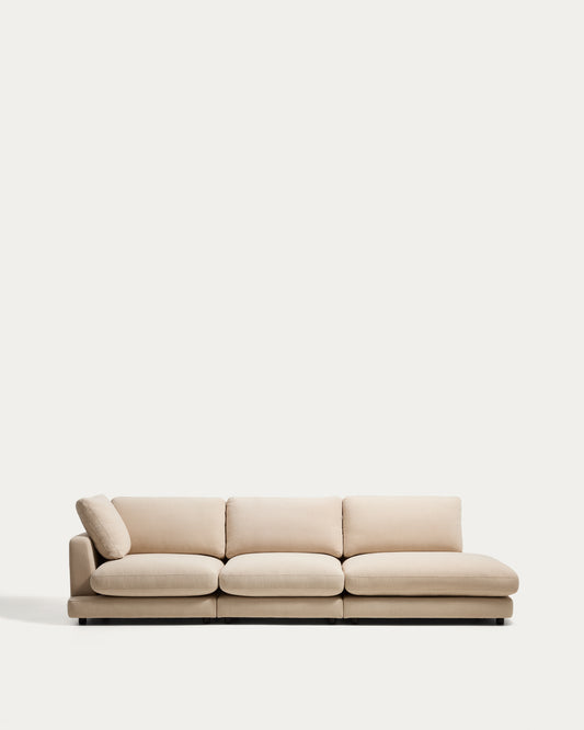 Canapé modulable Gala 4 places avec pouf terminal droit en chenille beige 315 cm – FSC Mix Credit