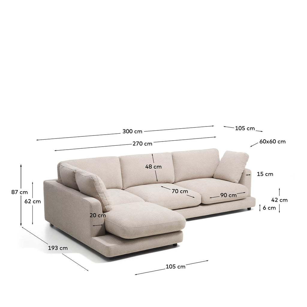 Sofà Gala 4 places de micro bouclé amb chaise longue esquerra beix FSC Mix Credit 300 cm