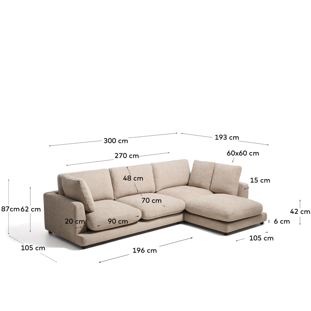 Sofà Gala 4 places de micro bouclé amb chaise longue dreta beix FSC Mix Credit 300 cm