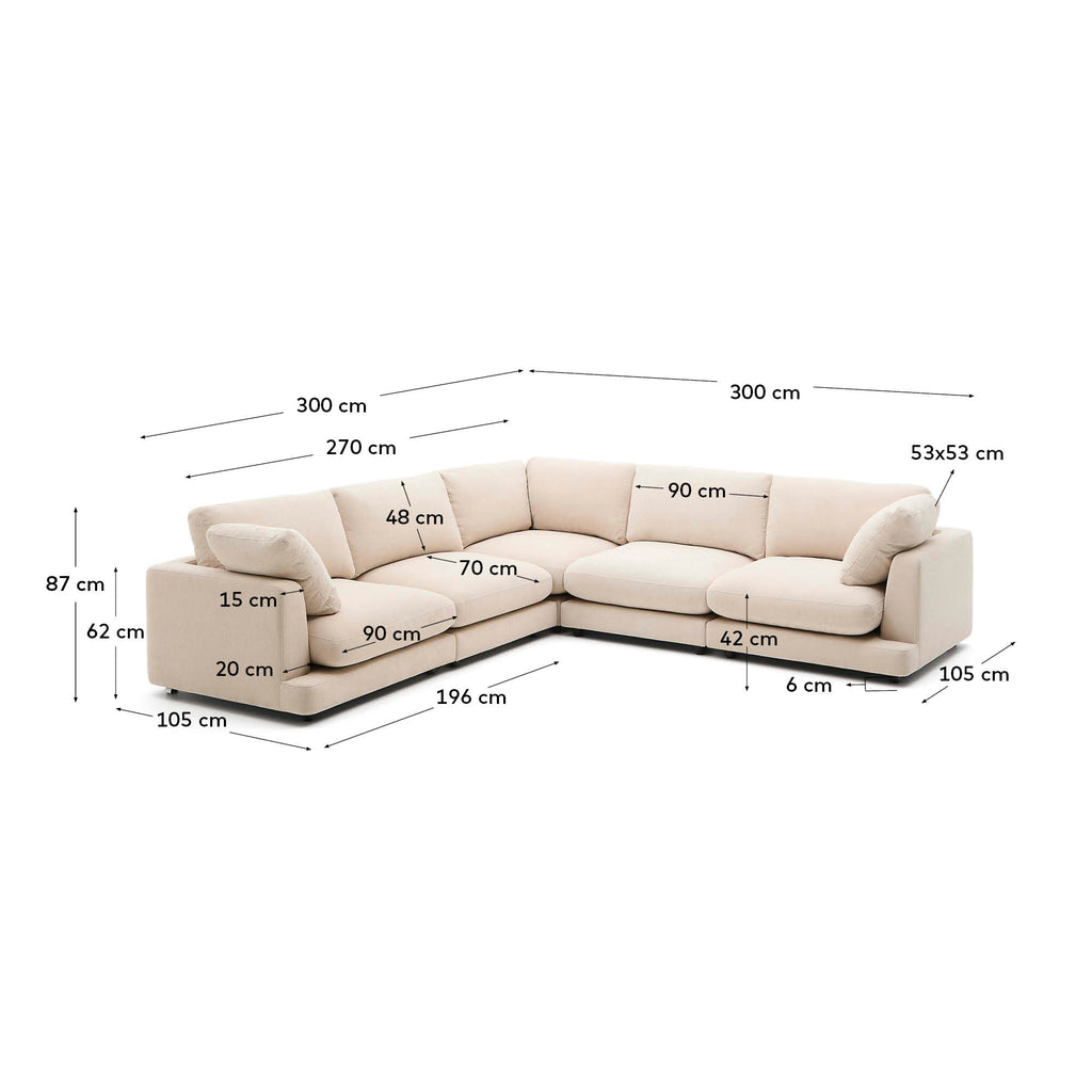 Canapé d’angle Gala 6 places en chenille beige 300 x 300 cm – Certifié FSC Mix Credit