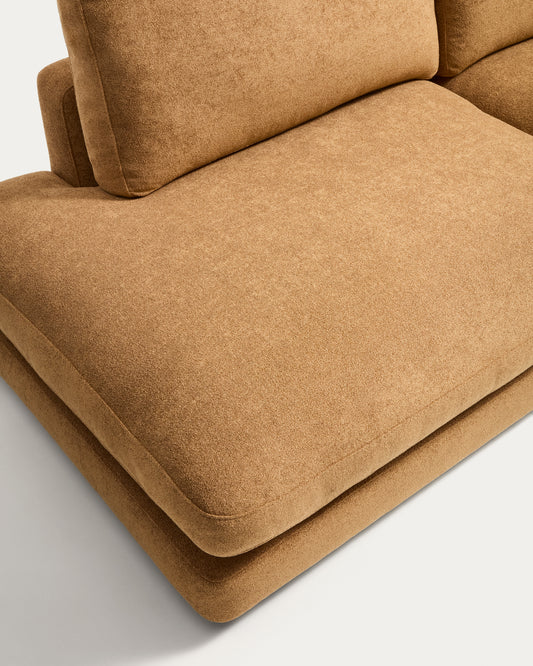 Canapé d’angle Gala 5 places avec pouf terminal gauche en micro-bouclette moutarde 225 x 300 cm – FSC Mix Credit