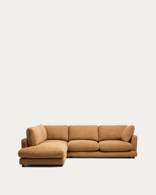Canapé d’angle Gala 5 places avec pouf terminal gauche en micro-bouclette moutarde 225 x 300 cm – FSC Mix Credit