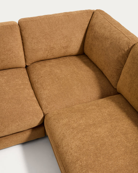 Canapé d’angle Gala 5 places avec pouf terminal droit en micro-bouclette moutarde 300 x 225 cm – FSC Mix Credit