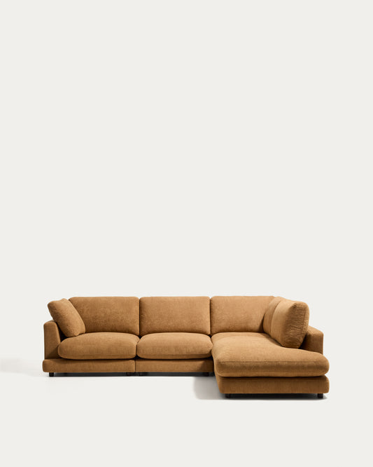 Canapé d’angle Gala 5 places avec pouf terminal droit en micro-bouclette moutarde 300 x 225 cm – FSC Mix Credit