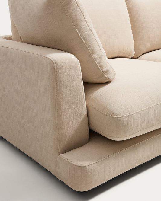 Canapé d’angle Gala 5 places avec pouf terminal droit en chenille beige 300 x 225 cm – FSC Mix Credit