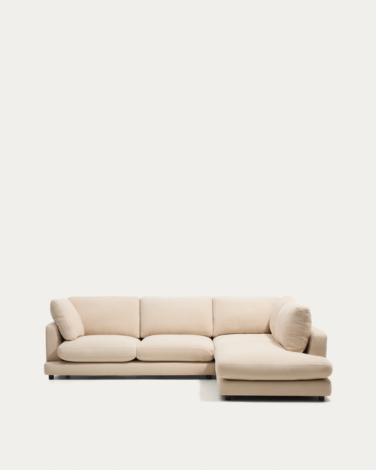 Canapé d’angle Gala 5 places avec pouf terminal droit en chenille beige 300 x 225 cm – FSC Mix Credit