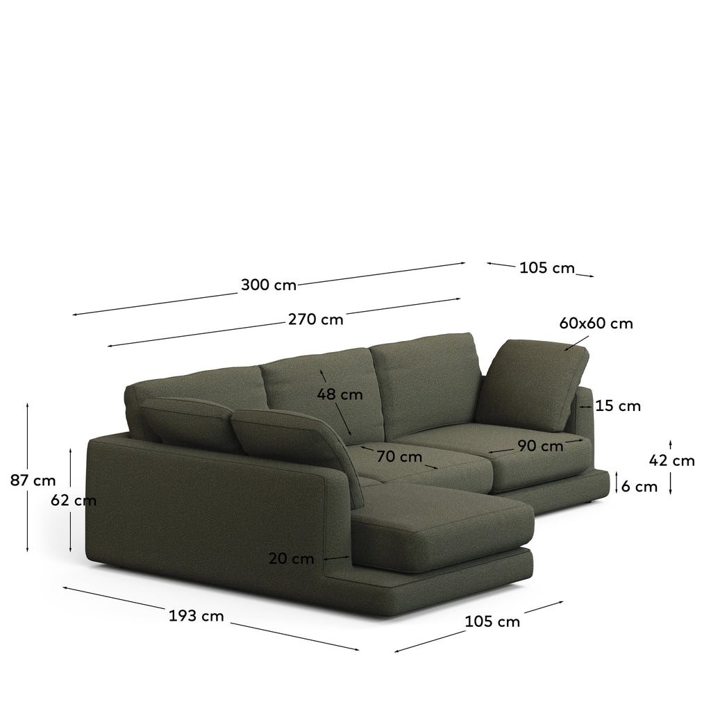 Canapé Gala 4 places avec chaise longue à gauche en chenille vert foncé FSC Mix Credit 300 cm