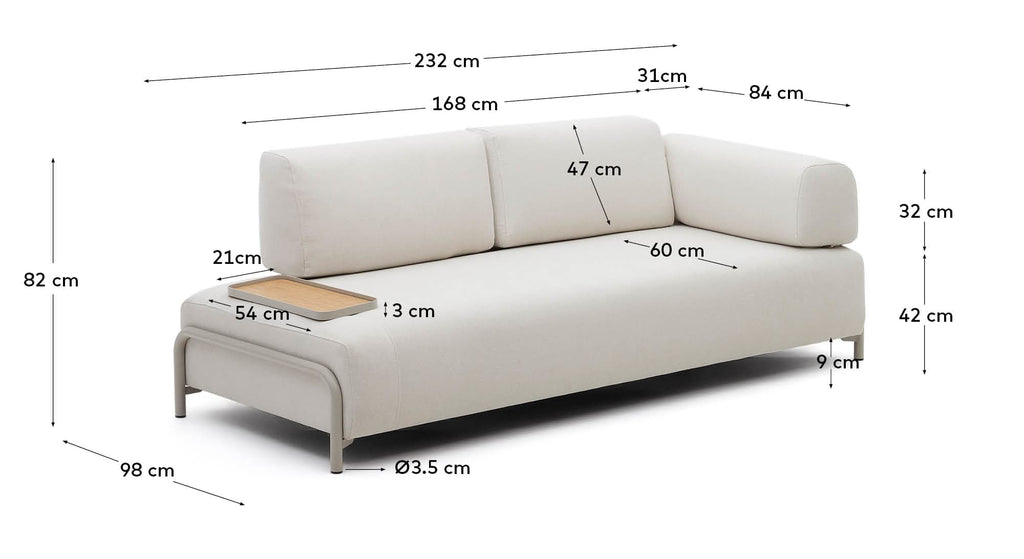 Sofà Compo 3 places xenilla beix, safata petita xapa roure i estructura metall beix 232cm FSC Mix Credit