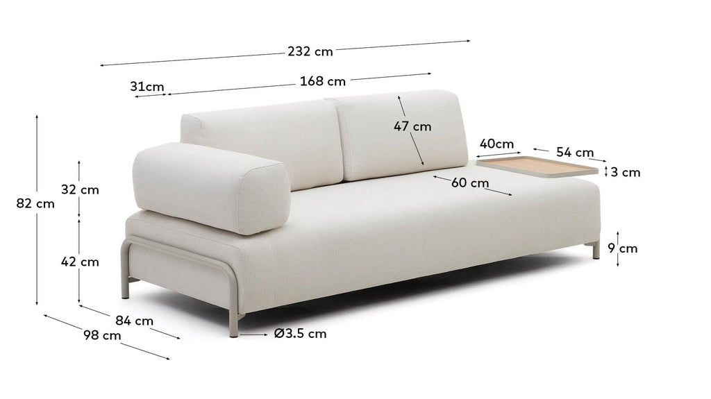 Sofà Compo 3 places xenilla beix, safata gran xapa roure i estructura metall beix 232cm FSC Mix Credit
