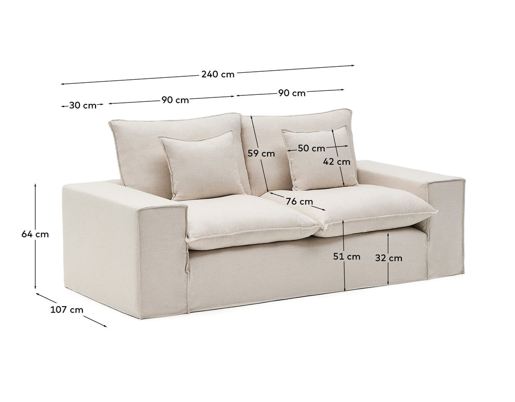 Sofà desenfundable Anarela de 2 places amb coixins de lli beix FSC Mix Credit 240 cm.
