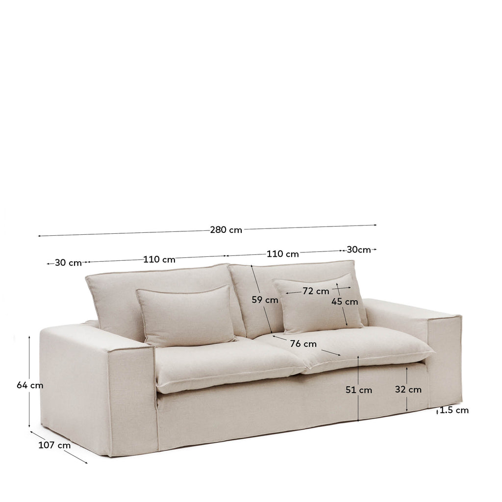 Sofà desenfundable Anarela de 3 places amb coixins de lli beix FSC Mix Credit 280 cm.