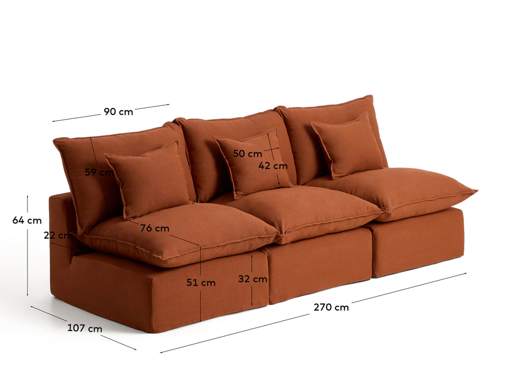 Canapé modulable déhoussable Anarela 3 places en 100 % lin terracotta 270 cm FSC Mix Credit