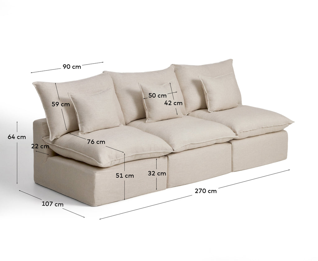 Sofà modular desenfundable Anarela 3 places de lli i viscosa beix 270 cm FSC Mix Credit