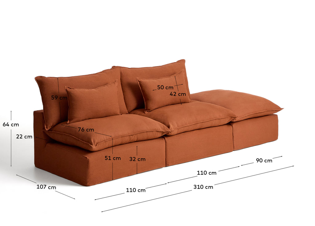 Canapé modulable déhoussable Anarela 3 places avec pouf terminal en lin terracotta 310 cm FSC Mix Credit