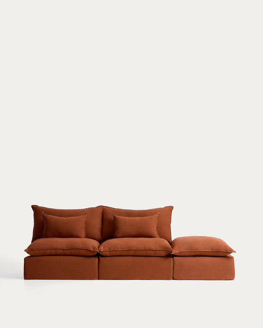 Canapé modulable déhoussable Anarela 3 places avec pouf terminal en 100 % lin terracotta 310 cm FSC Mix Credit