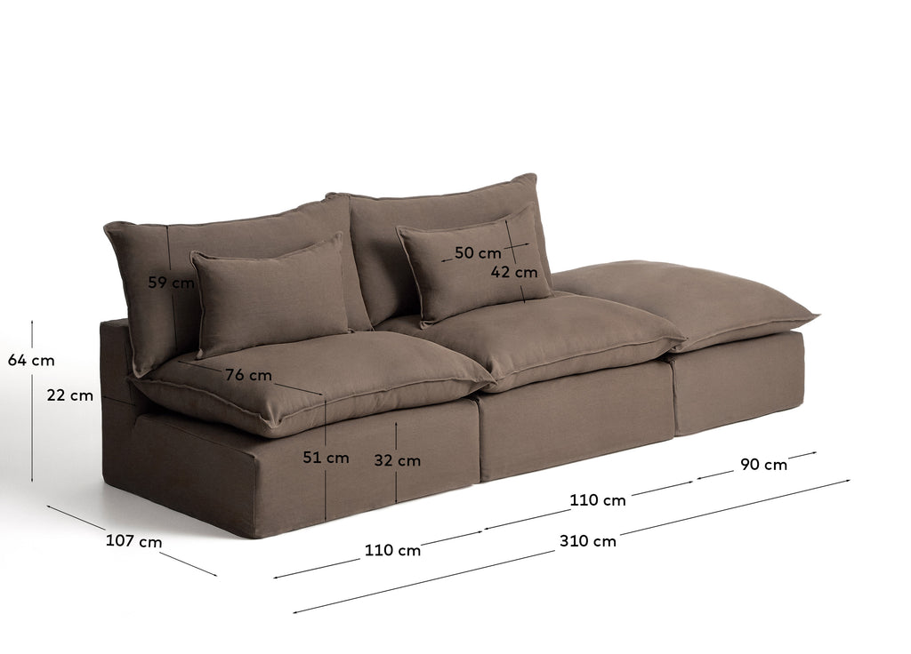 Sofá modular desenfundable Anarela 3 plazas con terminal de lino topo 310 cm FSC Mix Credit