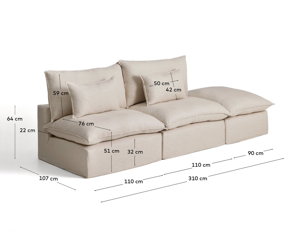 Sofà modular desenfundable Anarela 3 places amb terminal de lli i viscosa beix 310 cm FSC Mix Credit