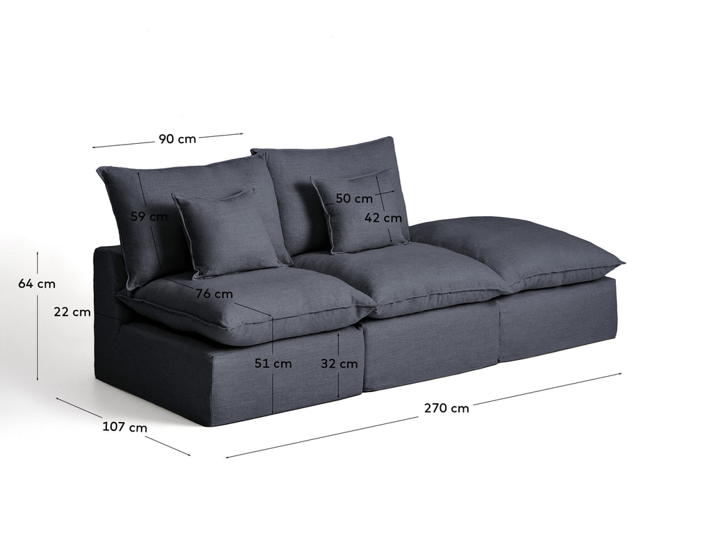 Canapé modulable déhoussable Anarela 2 places avec pouf terminal en lin et viscose gris foncé 270 cm FSC Mix Credit