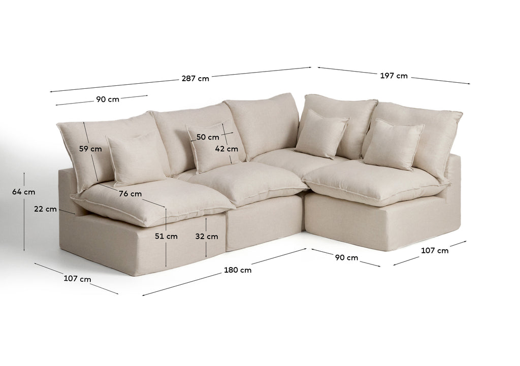 Sofà raconer modular desenfundable Anarela 4 places de lli i viscosa beix 287 x 197 / 197 x 287 cm FSC Mix Credit