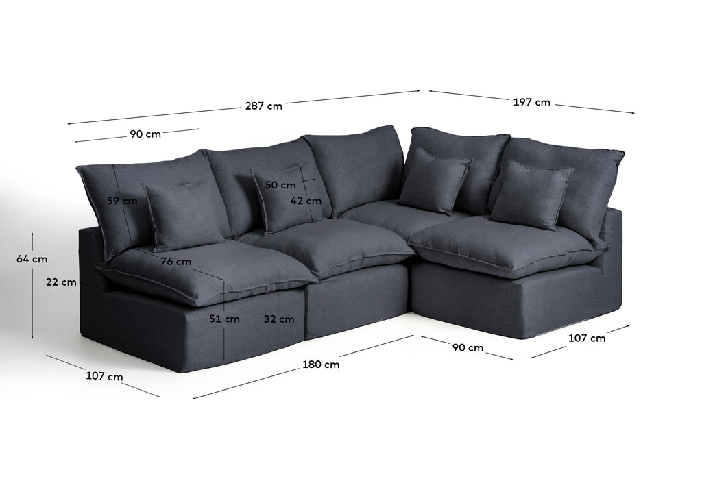 Sofà raconer modular desenfundable Anarela 4 places de lli i viscosa gris fosc 287 x 197 / 197 x 287 cm FSC Mix Credit