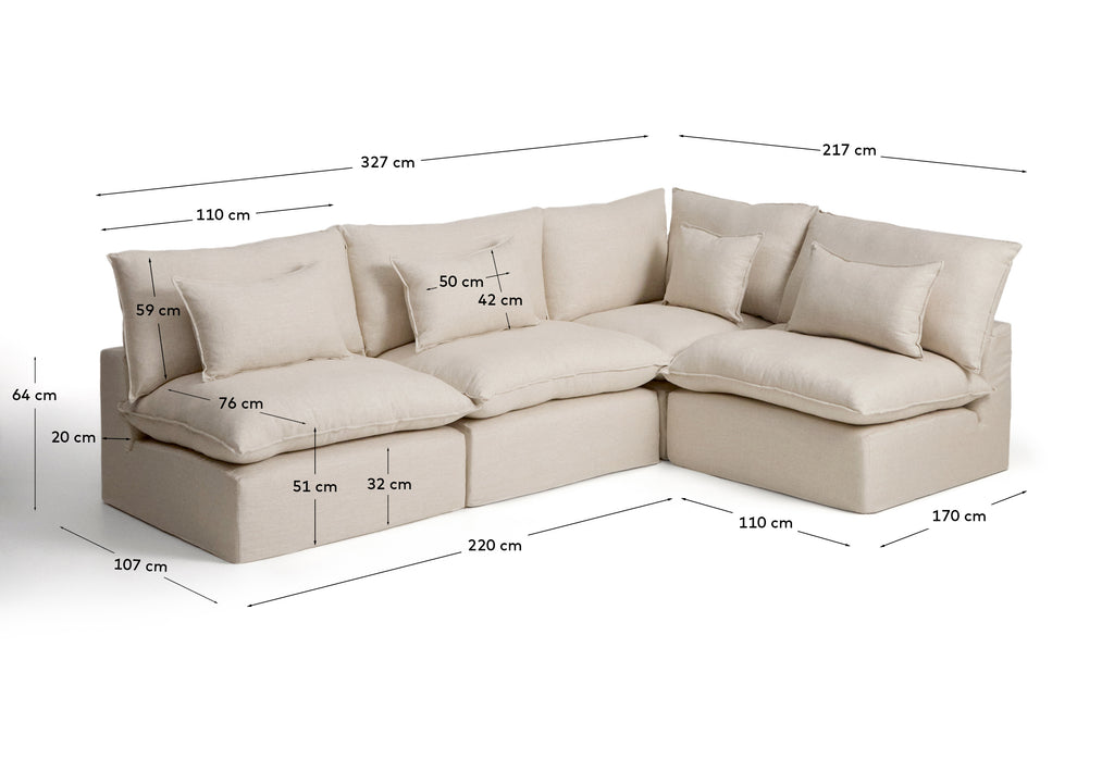 Sofà raconer modular desenfundable Anarela 6 places de lli i viscosa beix 327 x 217 / 217 x 327 cm FSC Mix Credit