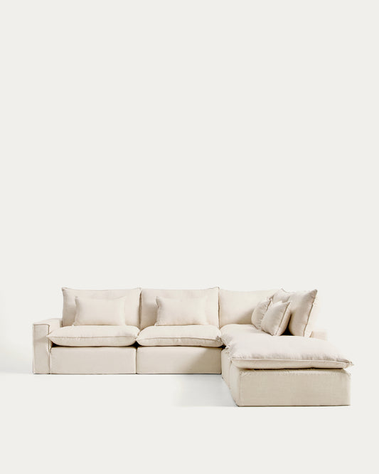 Canapé d’angle modulable déhoussable Anarela 6 places en lin et viscose beige 347 x 307 cm FSC Mix Credit