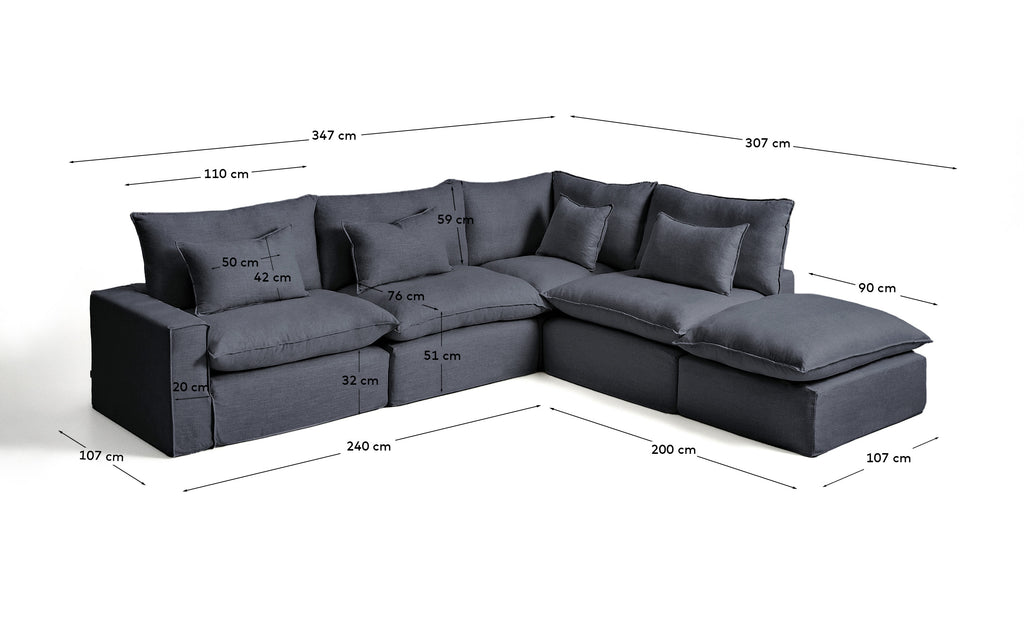 Sofà raconer modular desenfundable Anarela 6 places de lli i viscosa gris fosc 347 x 307 cm FSC Mix Credit