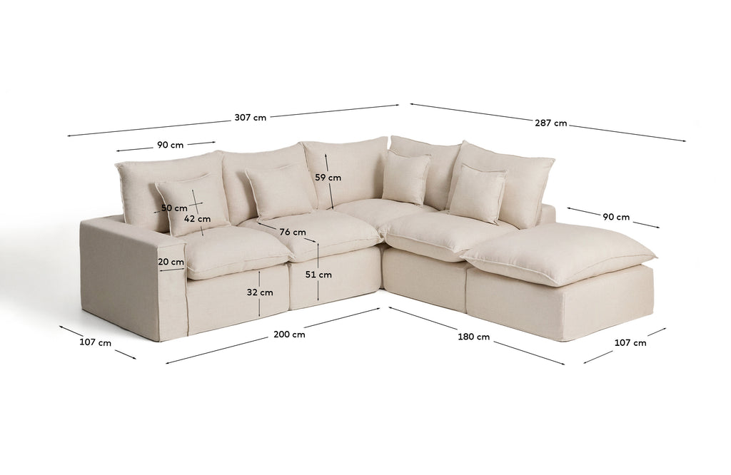 Sofà raconer modular desenfundable Anarela 4 places de lli i viscosa beix 307 x 287 cm FSC Mix Credit